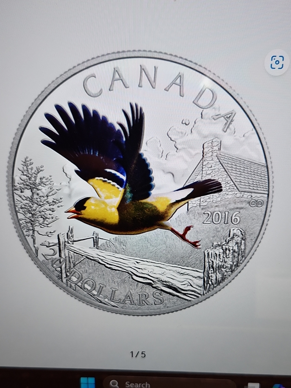 1 Oz Pure Silver Coloured Coin. Colourful Birds Of Canada: American Goldfinch.